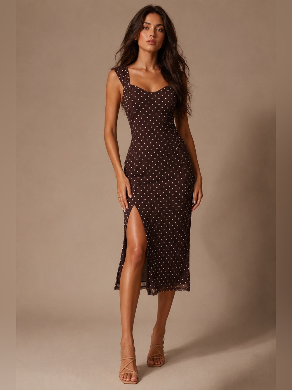 NWT Sweetheart Polka Dot Midi Dress with Side Slit - Cocoa